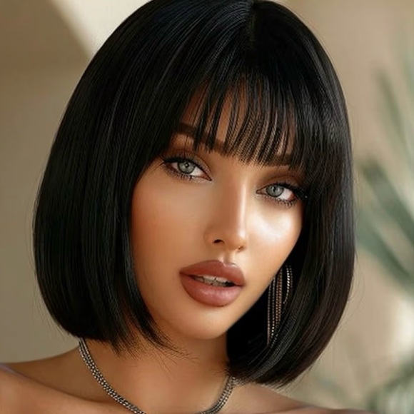 Other - Sleek Black Bob Wig Straight Black 12 Inch Cute Natural Synthetic Hair